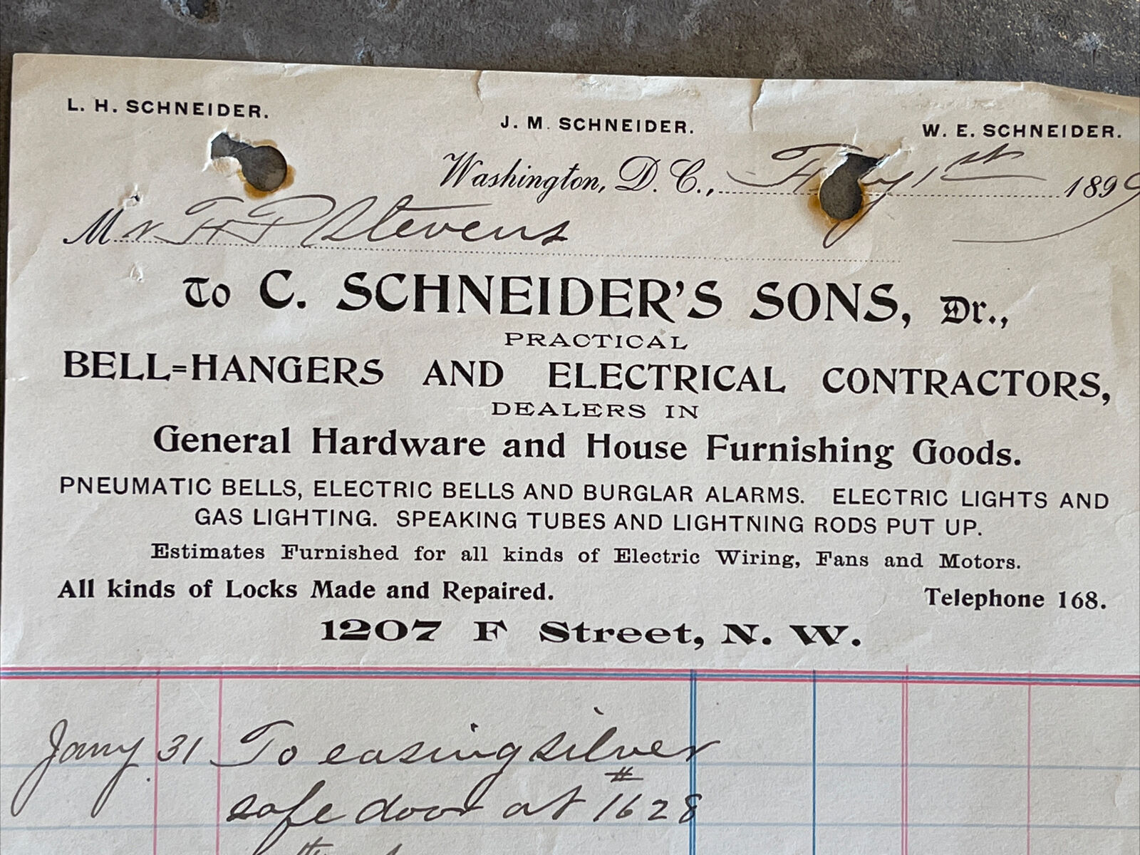 1899 Schneider Electrical Contractor Bill Hardware Burglar Alarm Lightning Rod