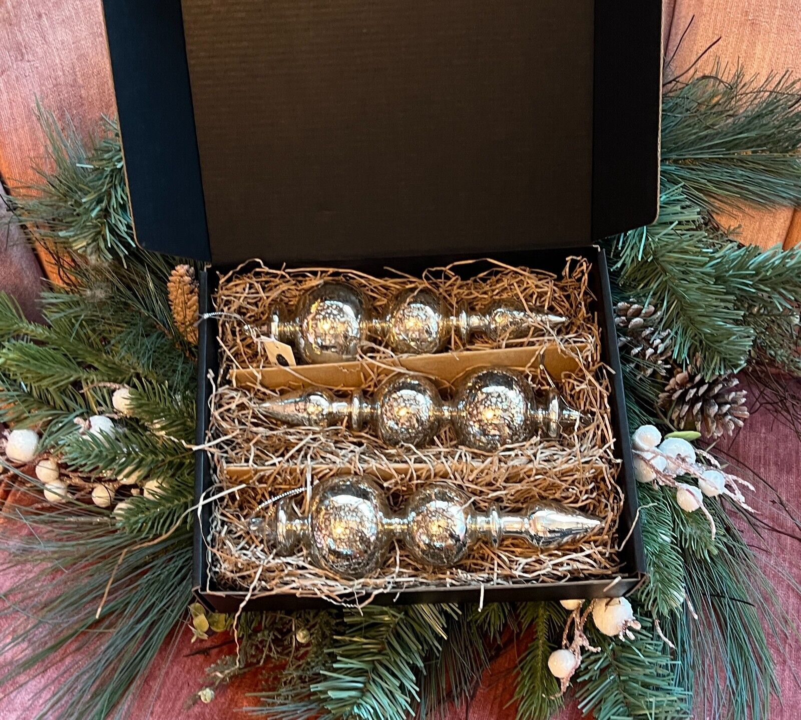 Silver Mercury Glass Finial Ornaments Set of Three Christmas