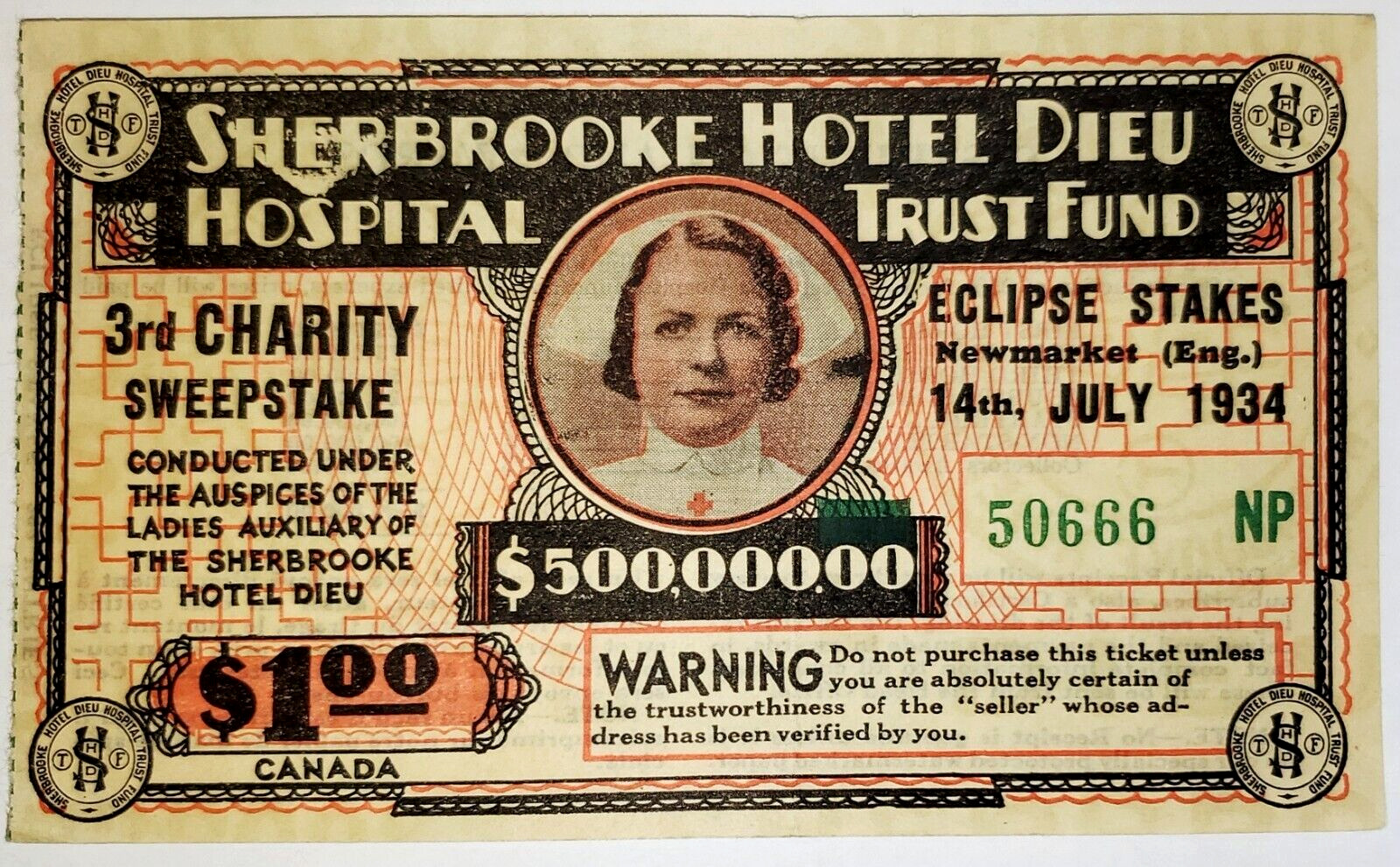 VTG 1934 Sherbrooke Hotel Dieu Hospital Trust Fund Sweepstake Ticket