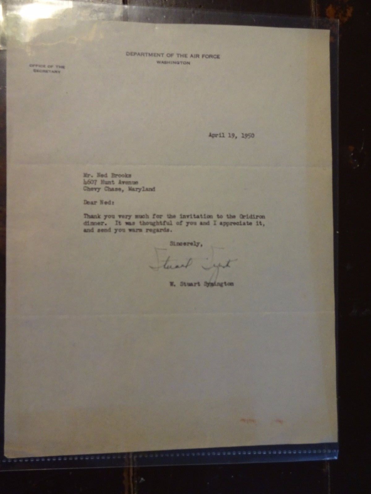 W. Stuart Symington ORIGINAL TYPED Letter to Ned Brooks - April 19, 1950