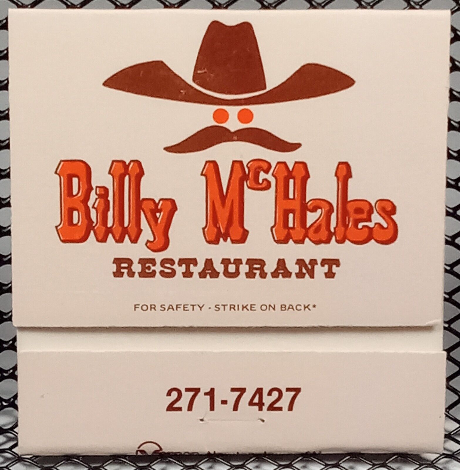 Renton WA BILLY McHALES Restaurant Ribs BBQ Mustache Cowboy Vtg Matchbook Cover