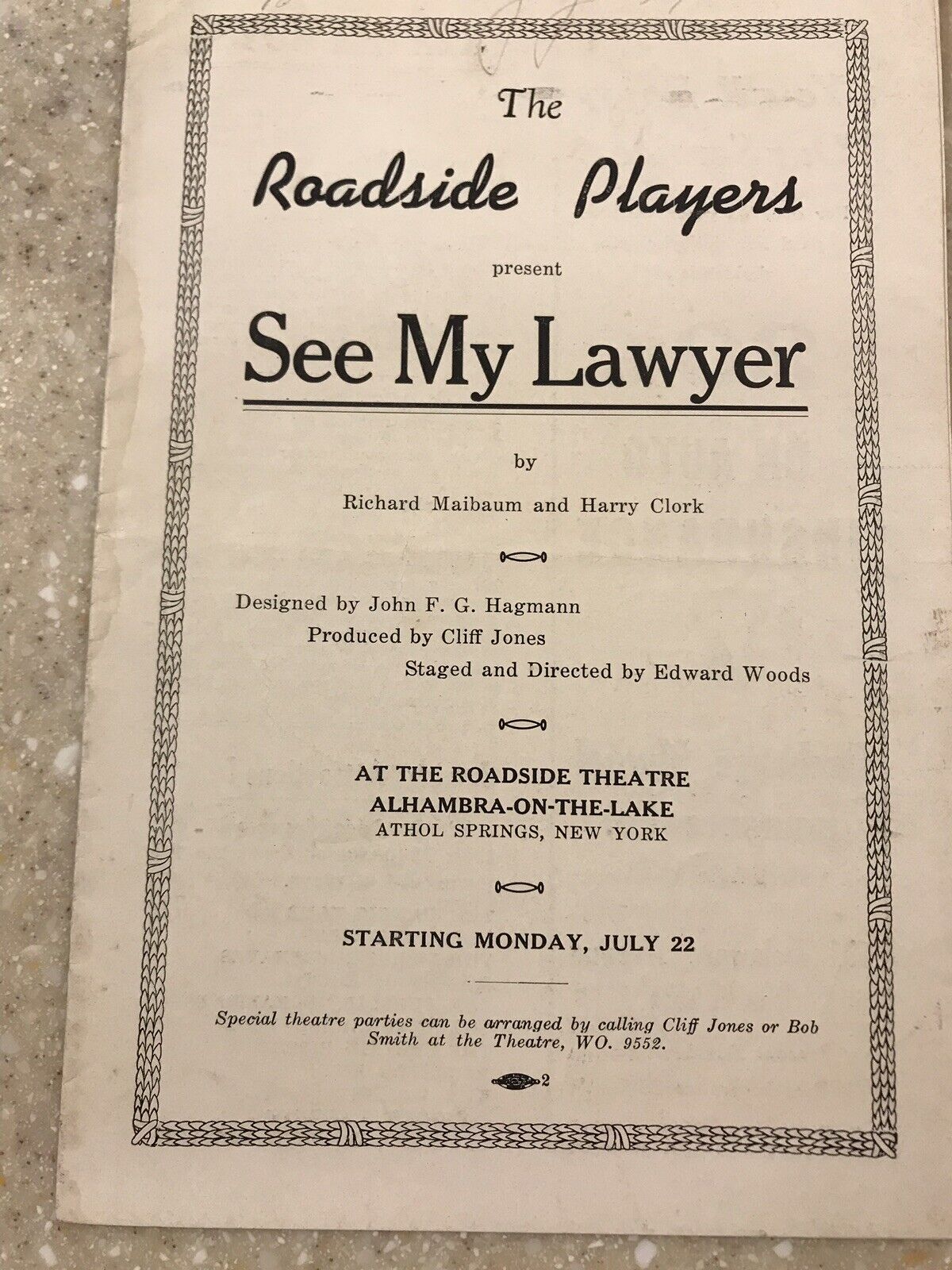 1940\'s Vintage The Roadside Players See My Lawyer Athol Springs New York