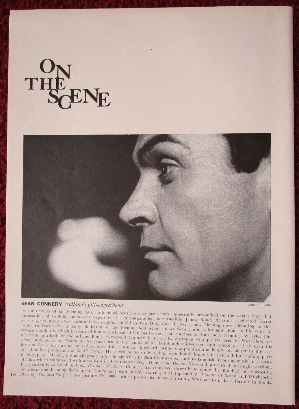 Magazine Photo Article, 1-Page Pinup Clipping ~ 1964 SEAN CONNERY, James Bond