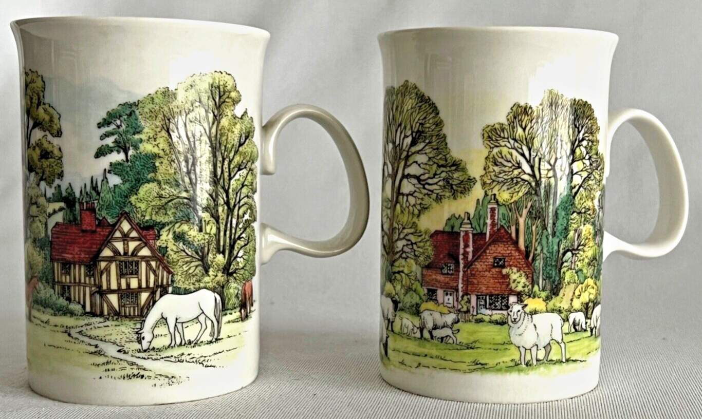 Dunoon Scotland LOT of 2 Mugs Cottages Pastoral Horses Sheep Trees 🦋