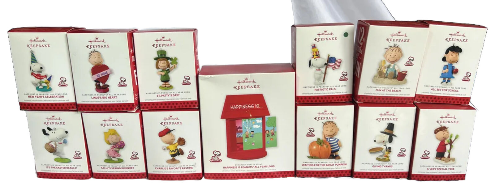 Hallmark Happiness Is Peanuts All Year Long - FULL SET  - 12 Ornaments & Display
