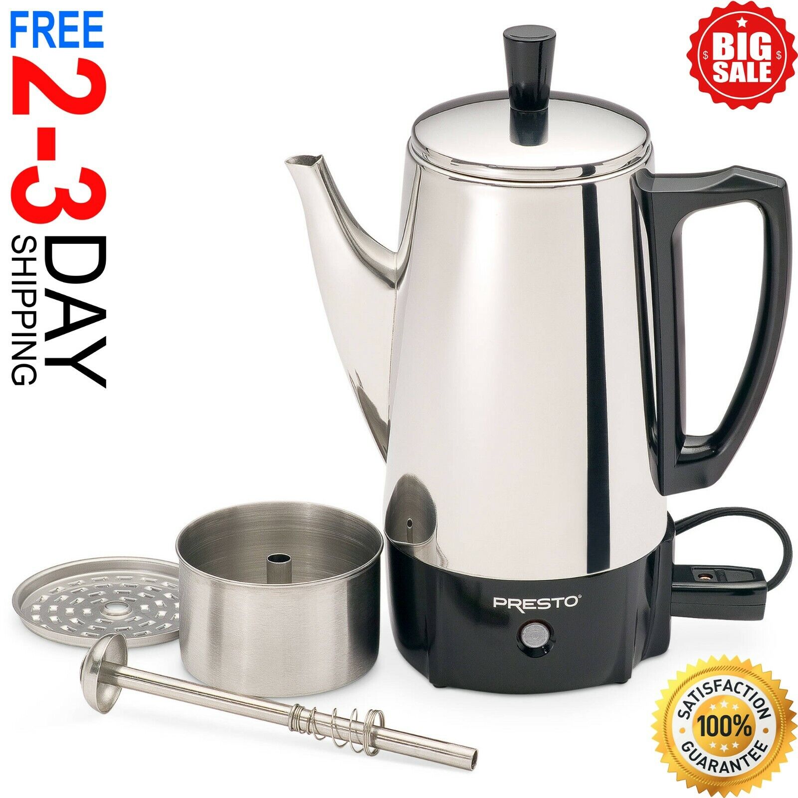 6 Cup Coffee Percolator Coffee Maker Pot Stainless Steel Electric Portable