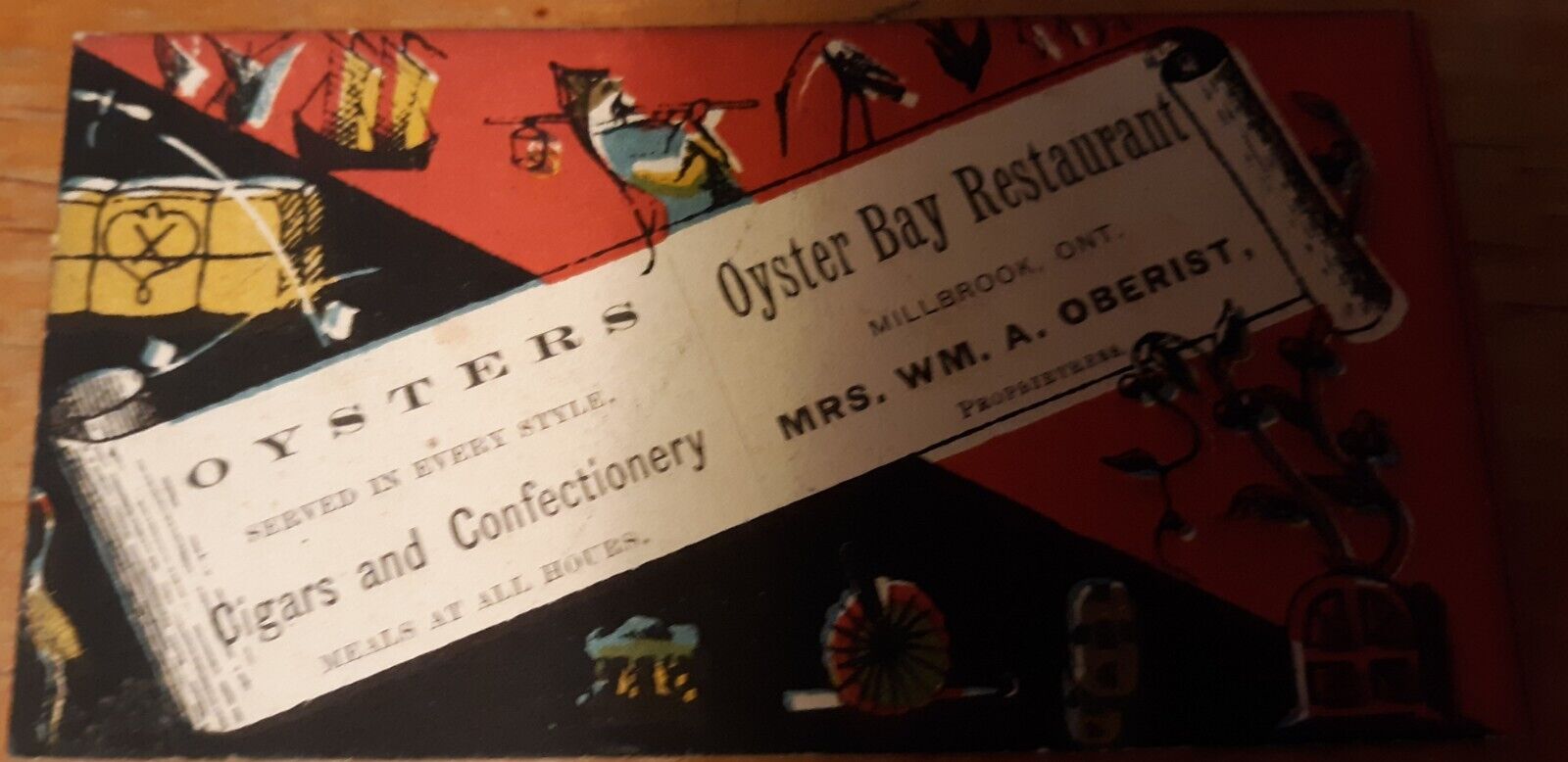 *RARE* VICTORIAN TRADE CARD OYSTERS, OYSTER BAY RESTAURANT, MILBROOK, ONT CANADA
