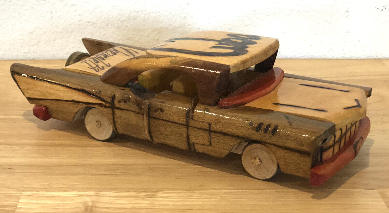 WOOD WOODEN HAND CARVED 1957 CUBA CHEVROLET CAR LACQUERED ONE OF A KIND OOAK