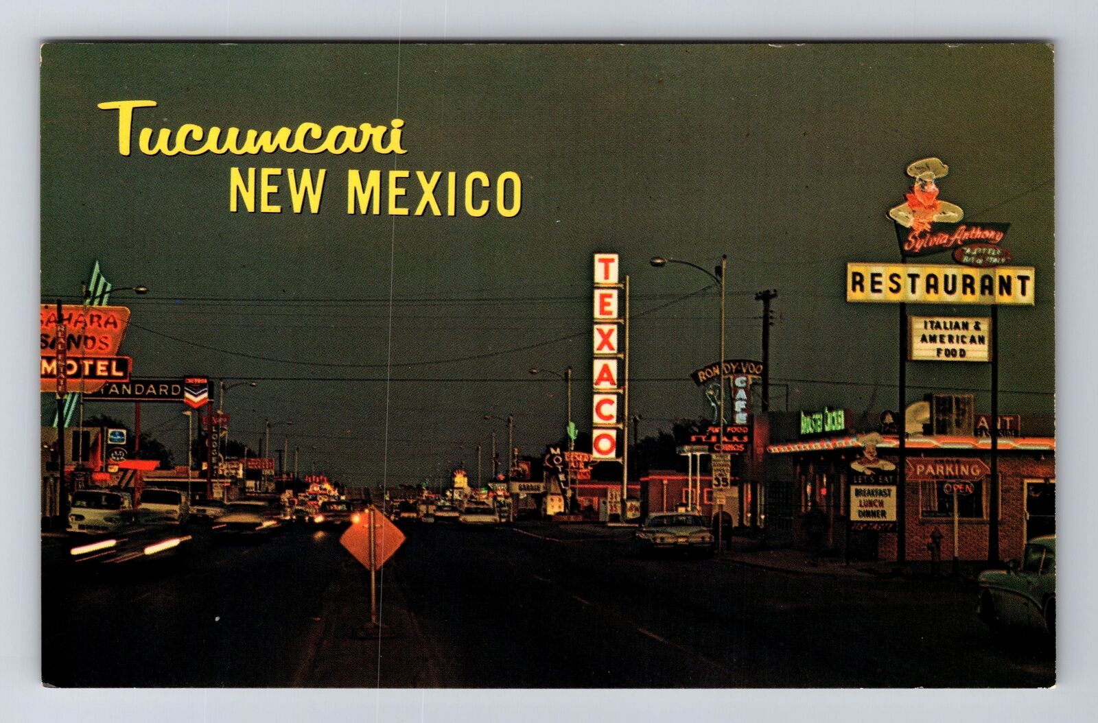 Tucumcari NM-New Mexico, Motel, Texaco, Restaurant, Night, Vintage Postcard