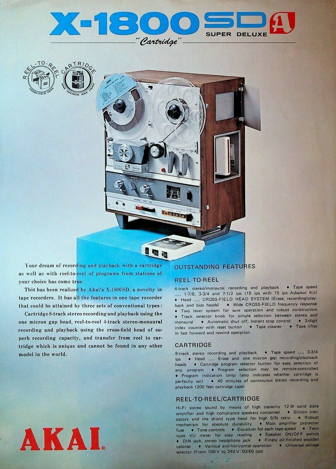 Akai X-1800 SD Super Deluxe Tape Recorder Ad Sheet 1970s