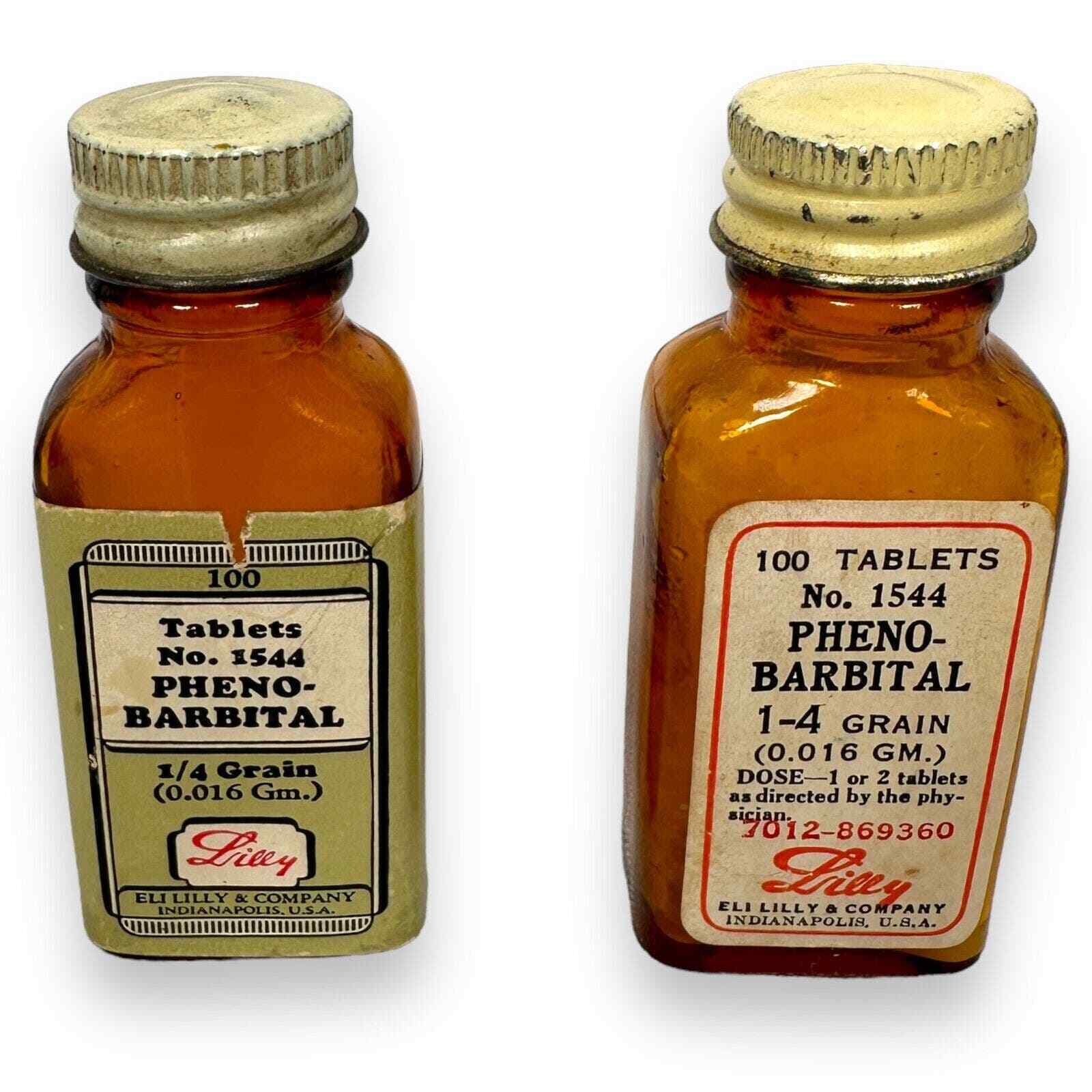 Antique Vintage Eli Lilly Phenobarbital Empty Tablet Glass Bottle Lot 2 Medicine