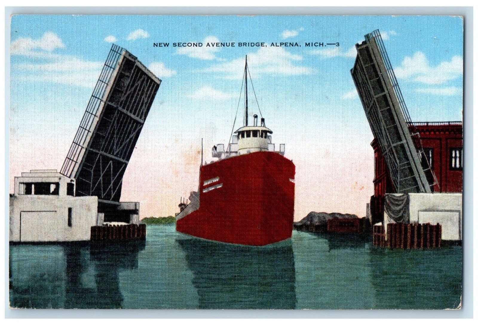 1957 New Second Avenue Bascule Bridge Opening Ship Alpena Michigan MI Postcard