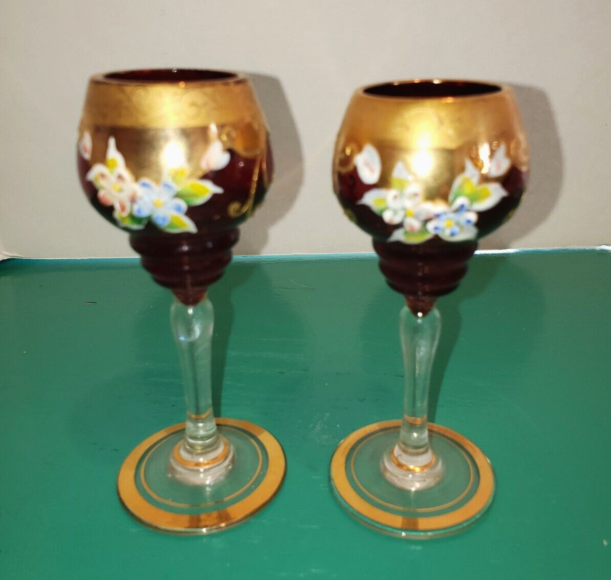 2 Italian Venetian Murano Ruby Red 24k Gold Liqueur Glasses Hand Painted Goblets
