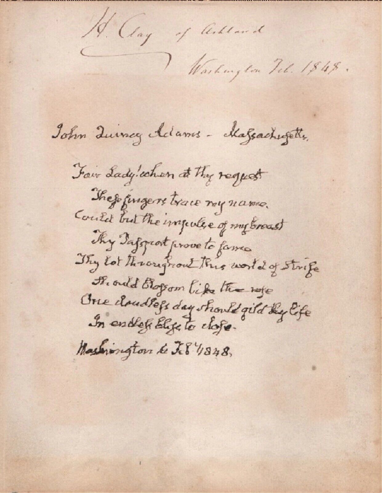 John Q. Adams  poem days before death.  One of his last autographs, Also w-Cay