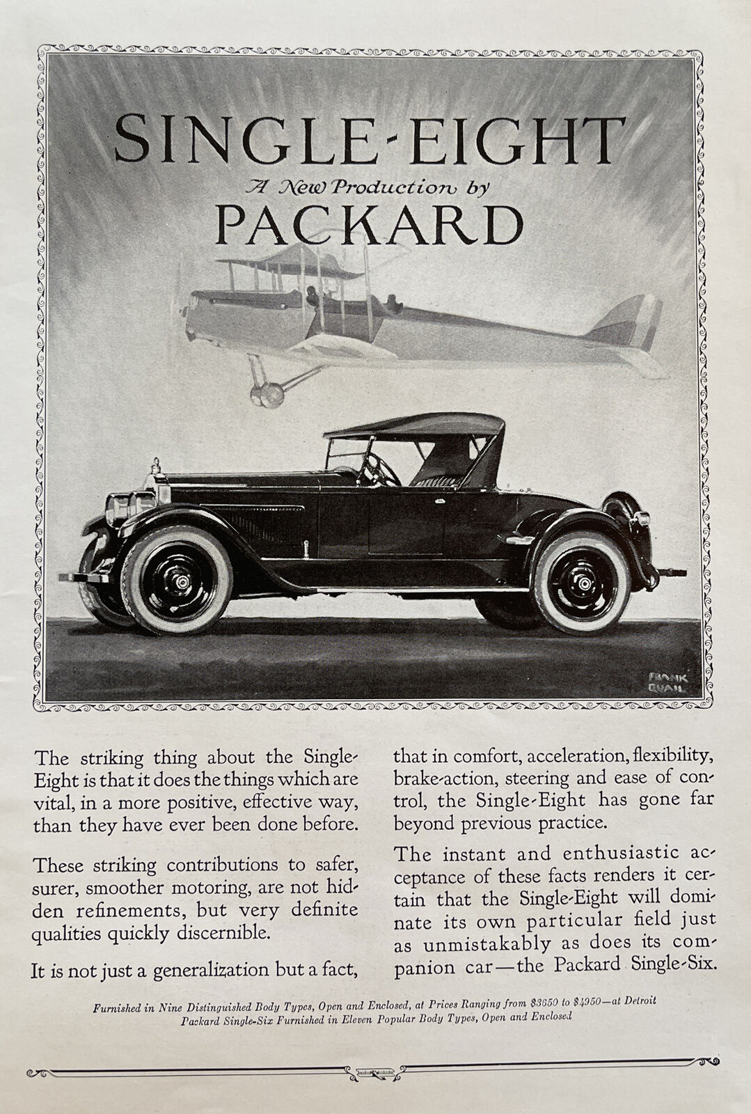 Original 1923 PACKARD Single Eight Car Print Ad Airplane Flying Above Auto