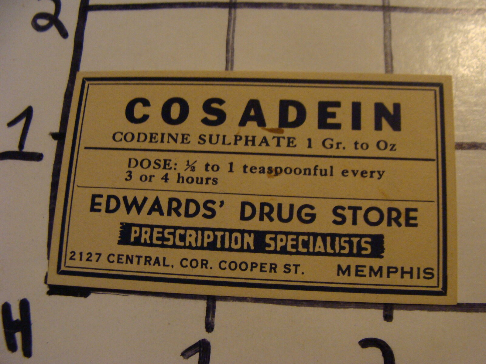 Orig. Vintage Label: Edward's Drug st. MEMPHIS TN---COSADEIN Codeine Sulphate #2