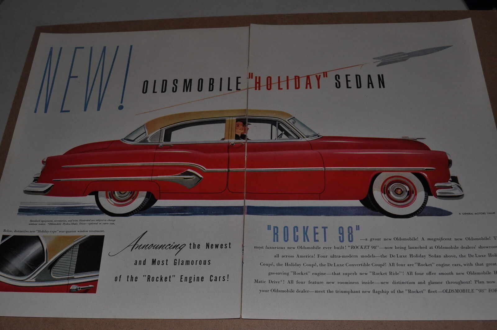 1951 Oldsmobile ROCKET 98 2-page advertisement, OLDS Rocket 98 sedan, huge color