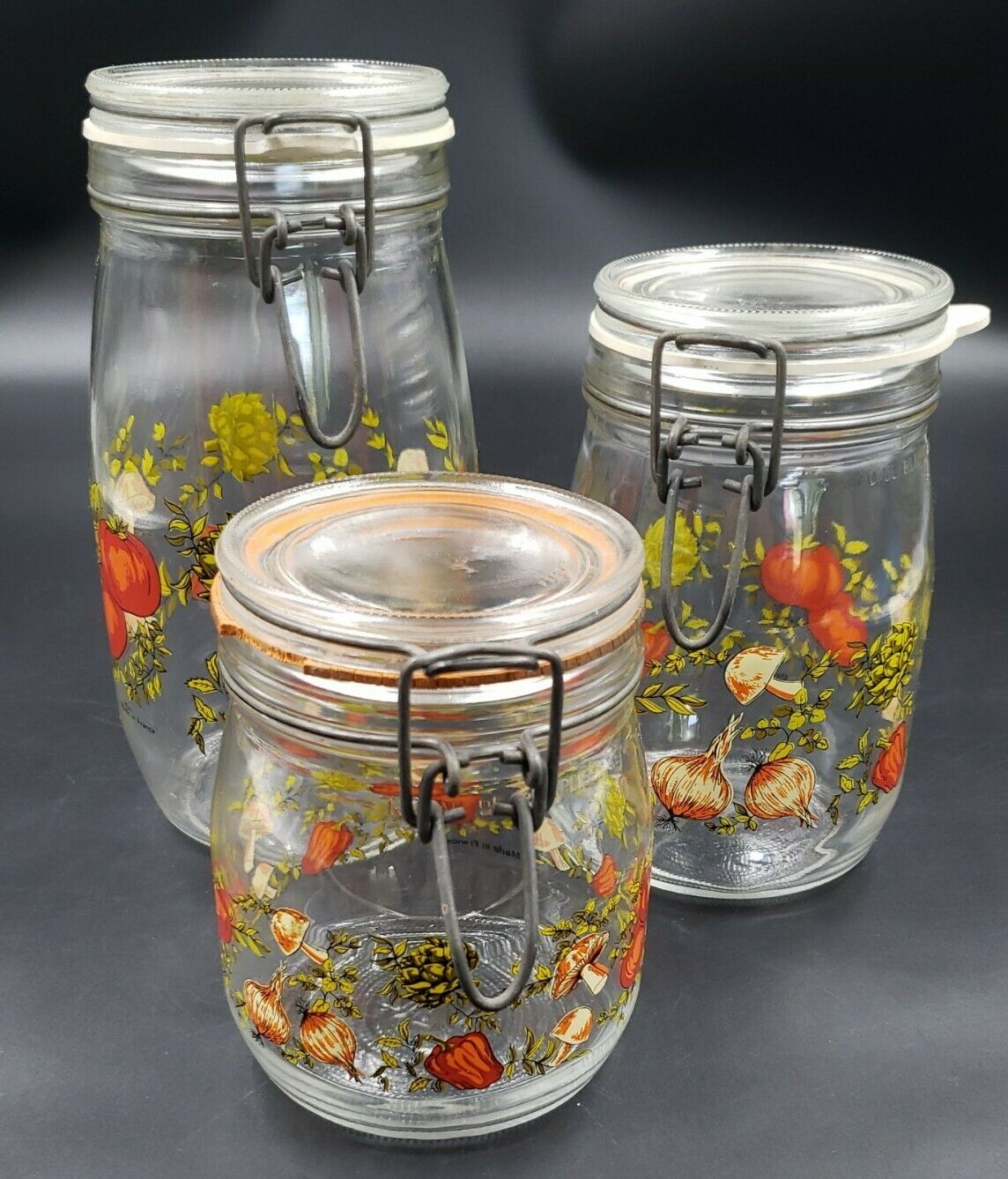 Spice Of Life Glass Canisters Vintage Jars Set Of 3 w/ Metal Bail Lid ARC France