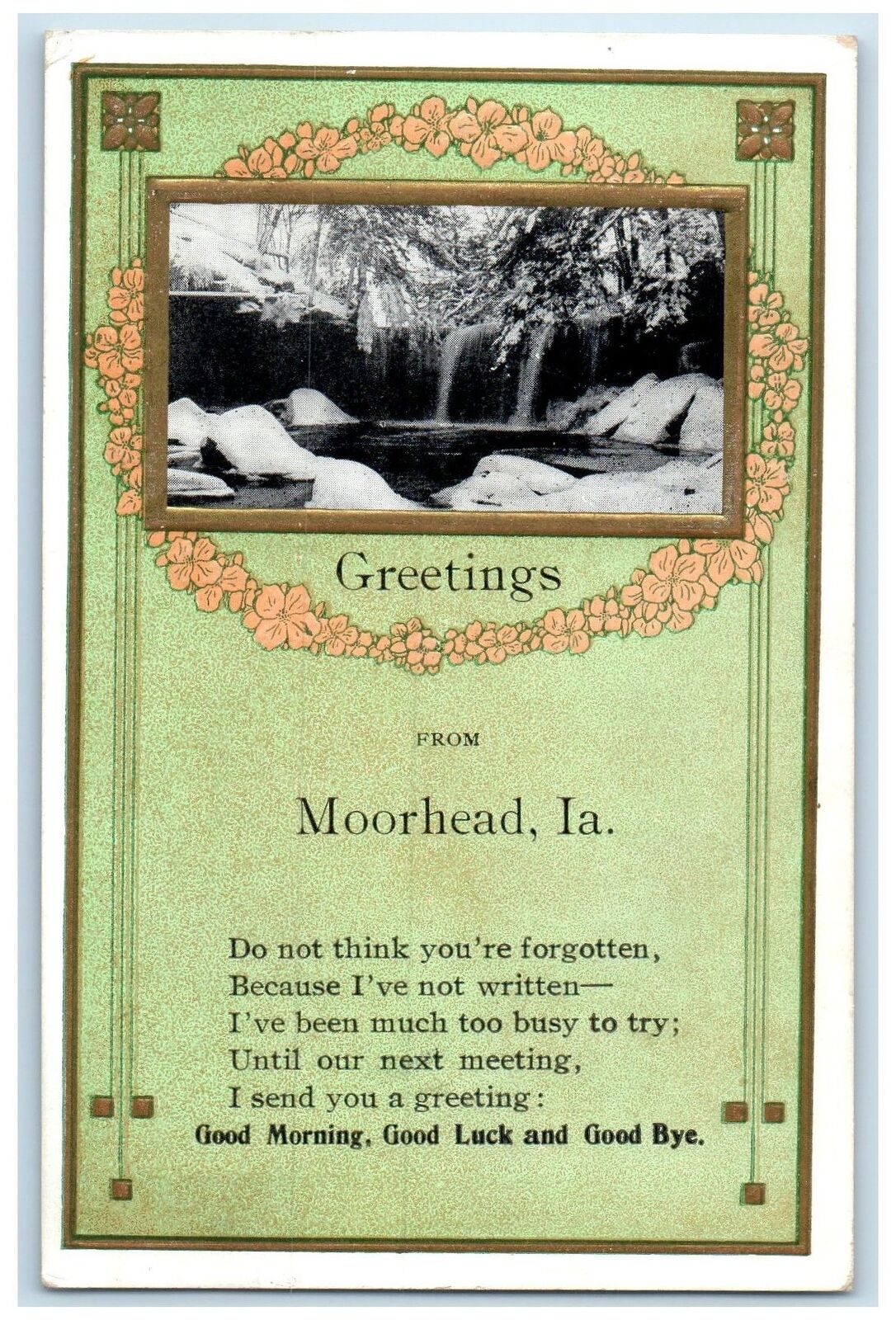 1912 Greetings From Moorhead Falls Trees Scene Iowa IA Posted Vintage Postcard