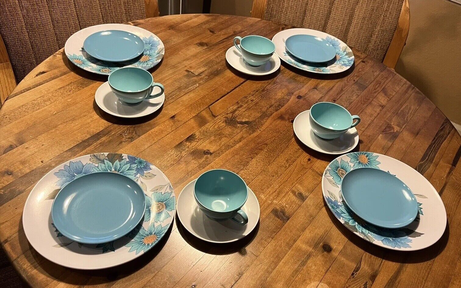 Vintage 1950’s Beverly Prolon Melmac Teal Floral Dinnerware Set- 16 Pieces