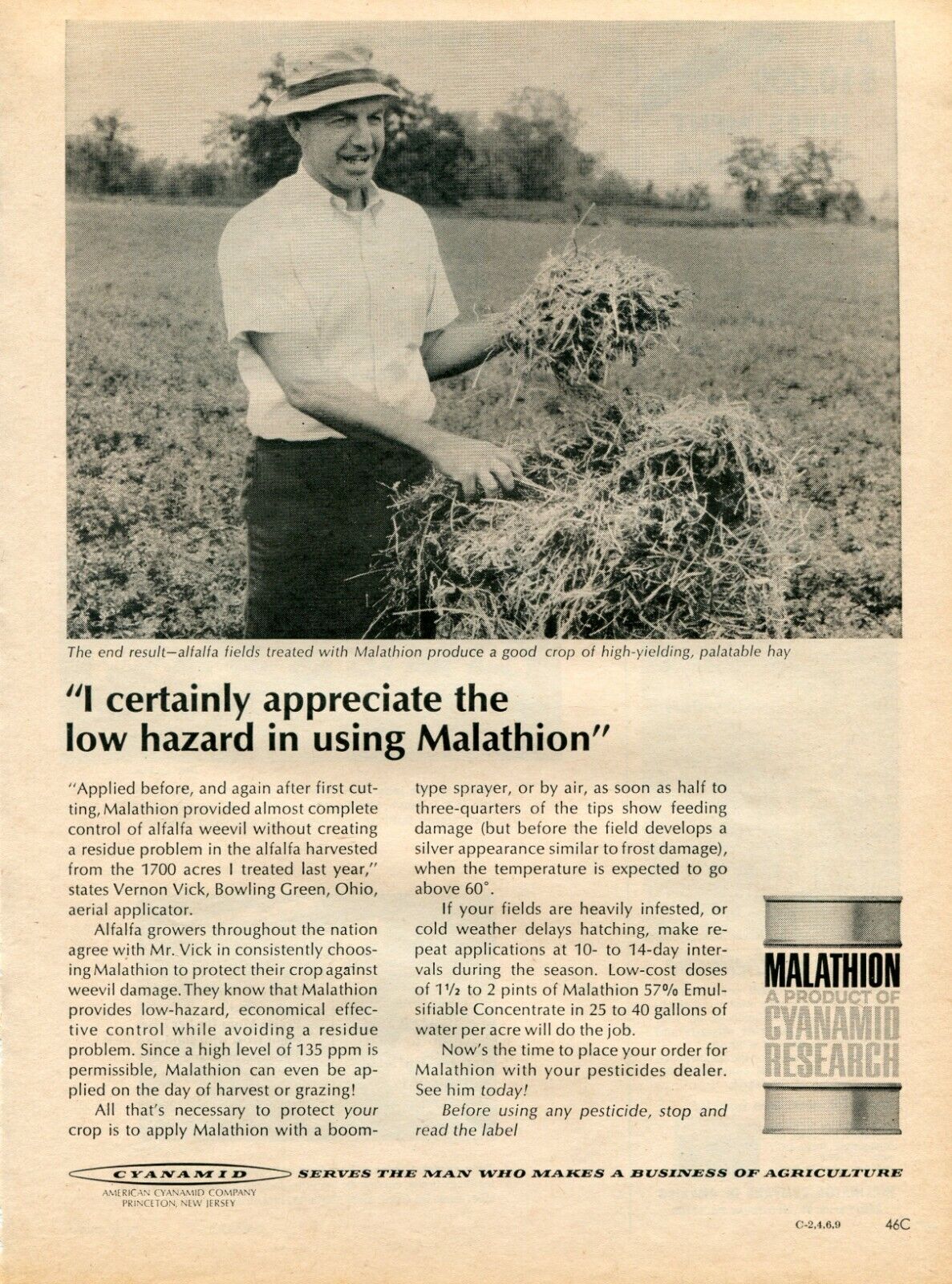 1967 Print Ad of Cyanamid Malathion Pesticide Vernon Vick Farm Bowling Green OH