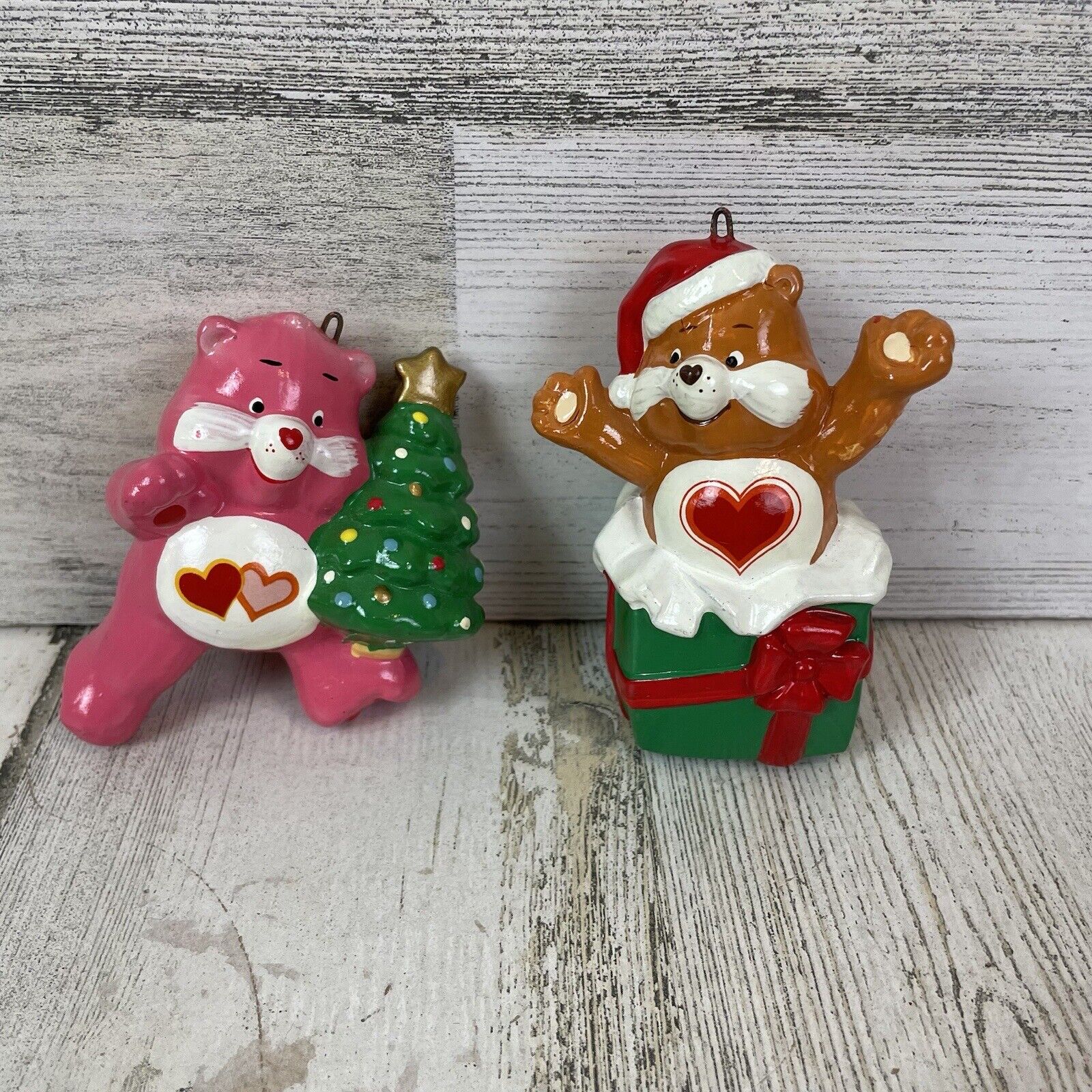 Vintage 2 Care Bear Christmas Ornaments  Tender heart / Love A Lot  - 1984
