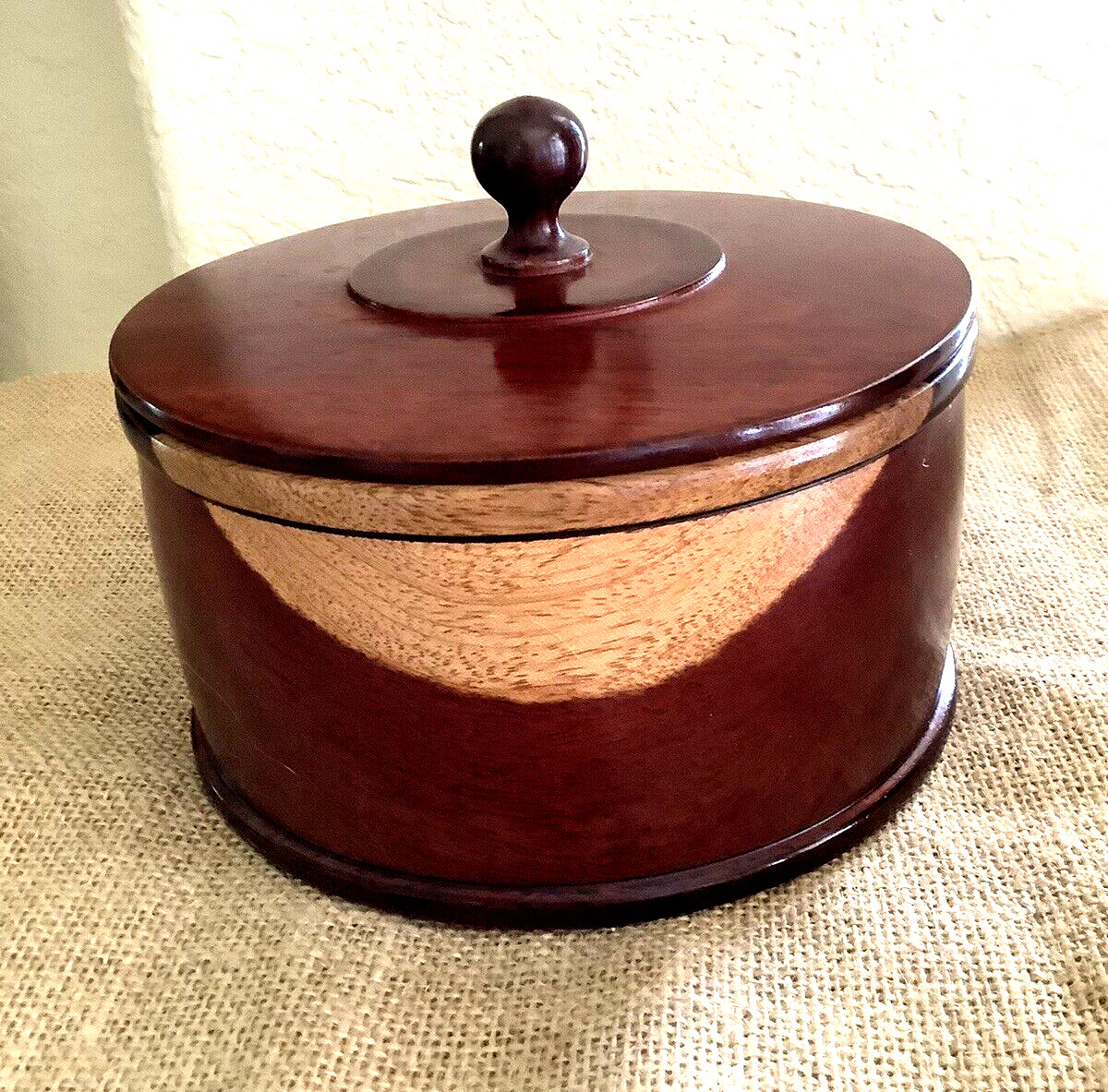 Vintage 1970\'s Two Tone Mahogany Tobacco Canister W/ Lid in Very Good Condition