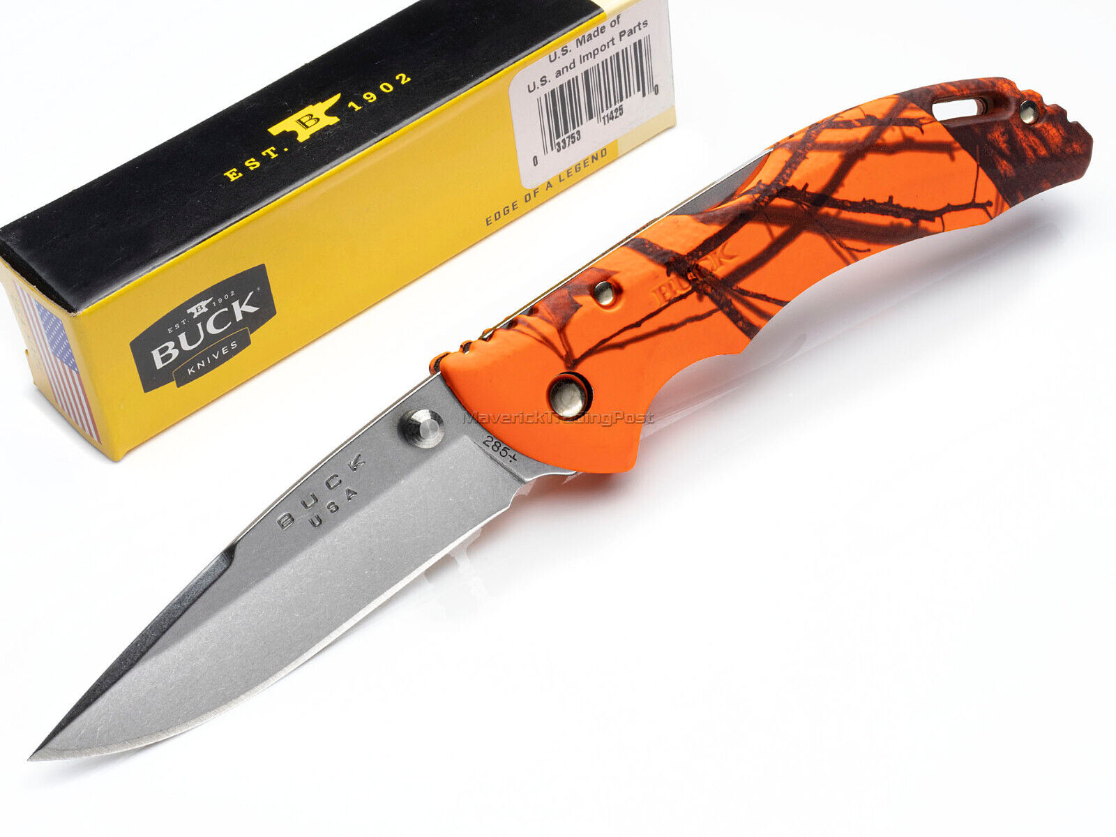 Buck Bantam BLW Mossy Oak Break Up Blaze Orange Folding Pocket Knife USA 285CMS9