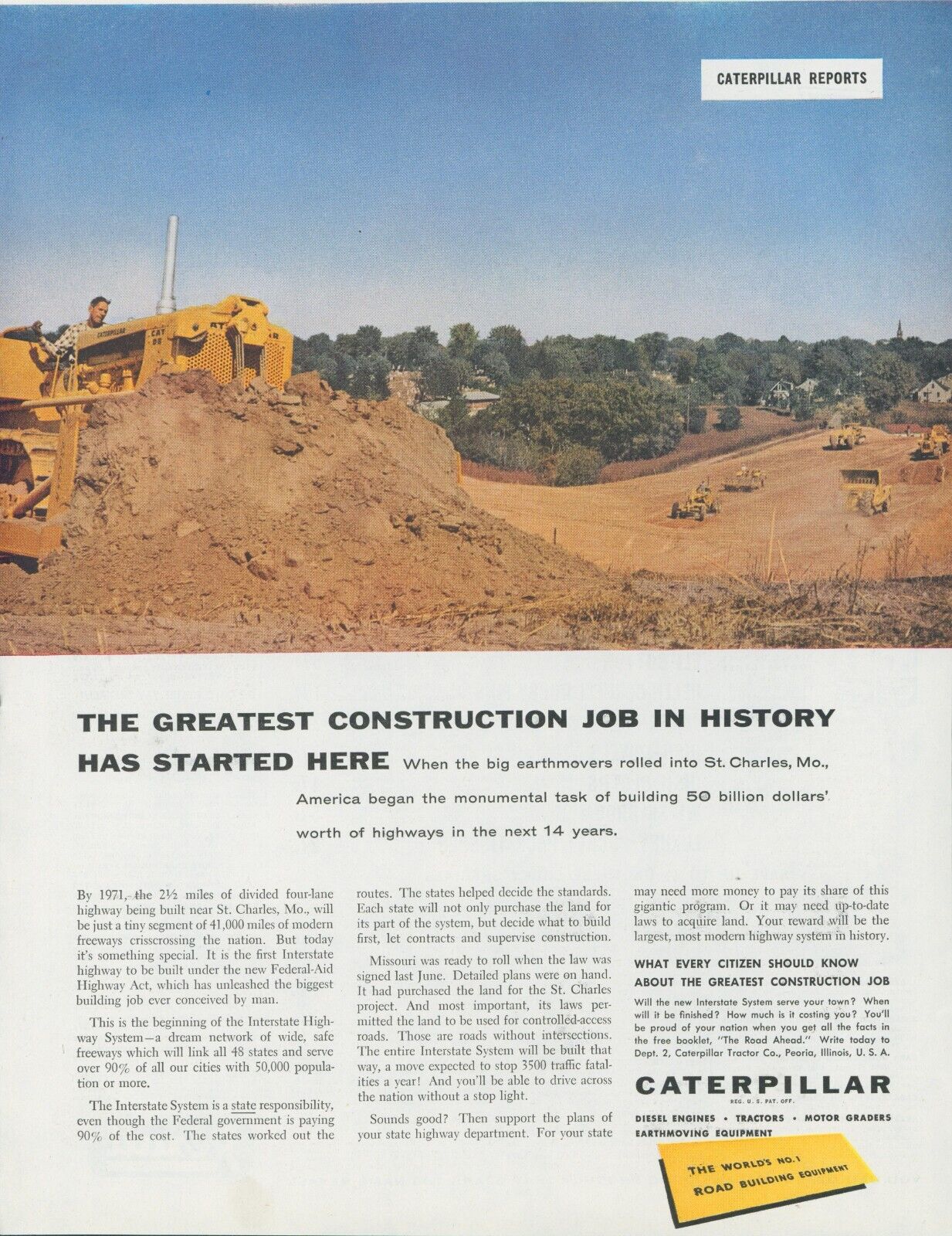 1957 Caterpillar Vintage Print Ad Building Interstate Highway Earthmovers SP4