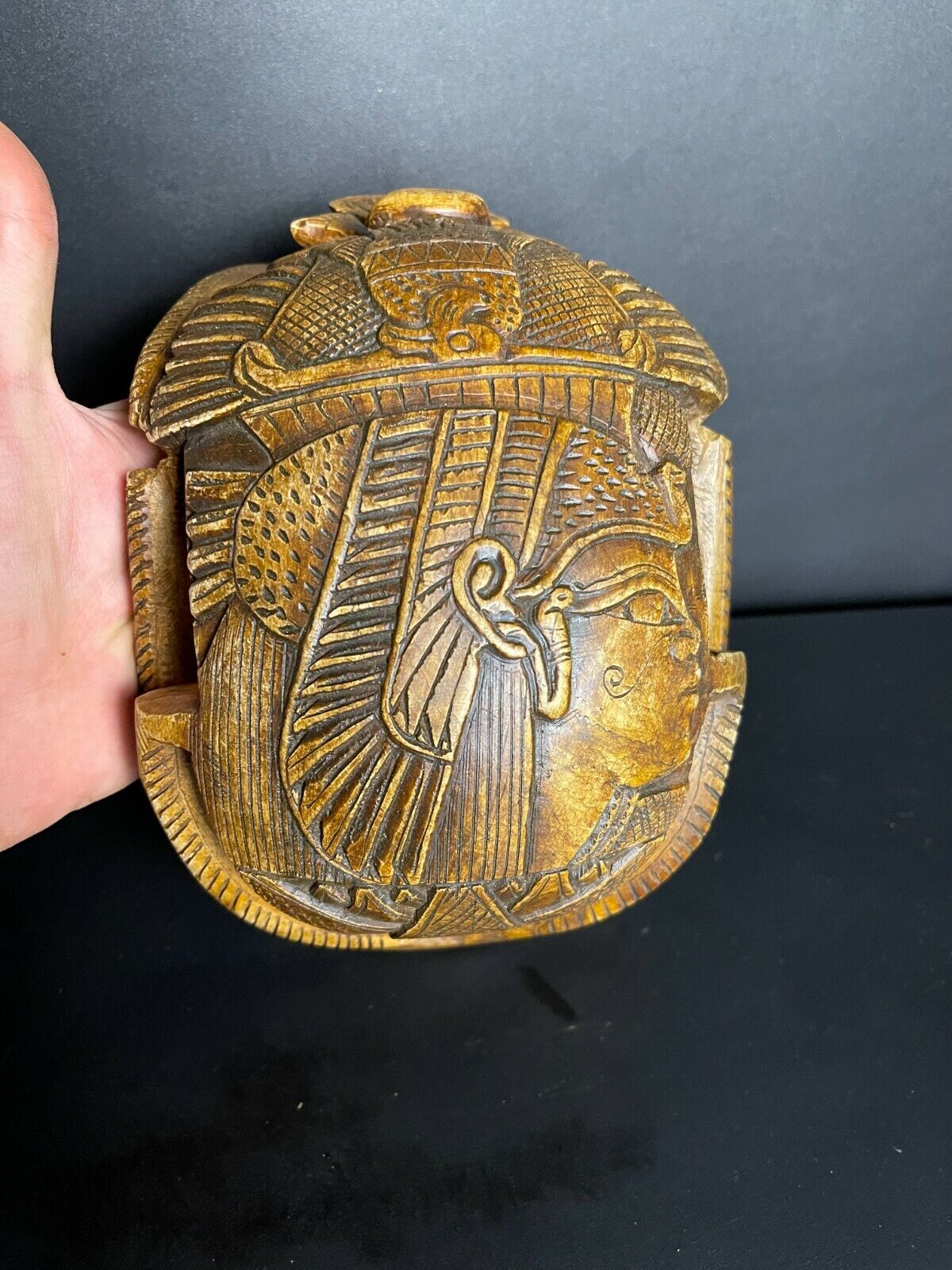 Amazing Giant Egyptian scarab with the face of Cleopatra & Egyptian decorations