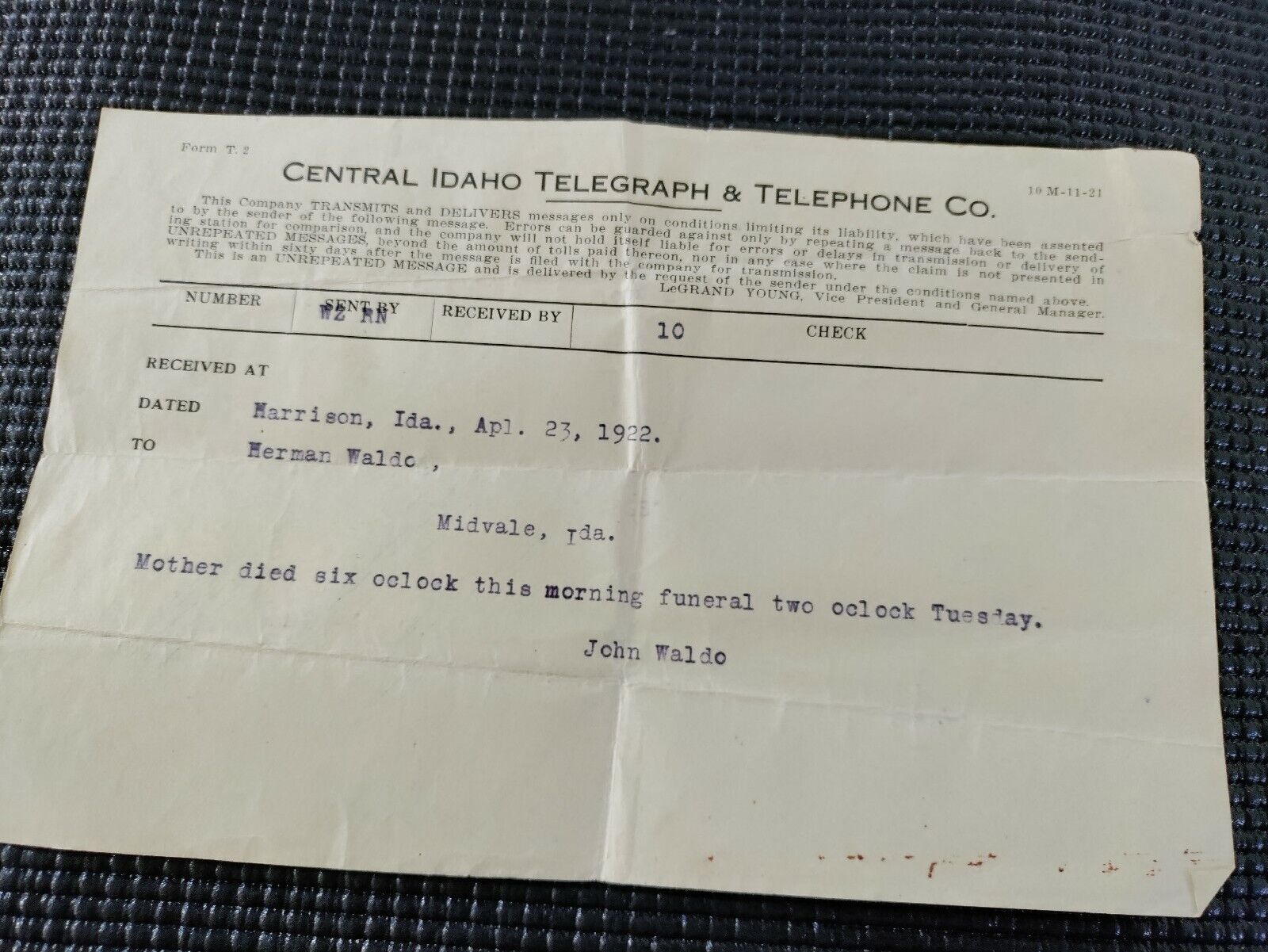 Central Idaho Telegraph & Telephone Co. Harrison Ida. 1922 Mother Died Telegraph