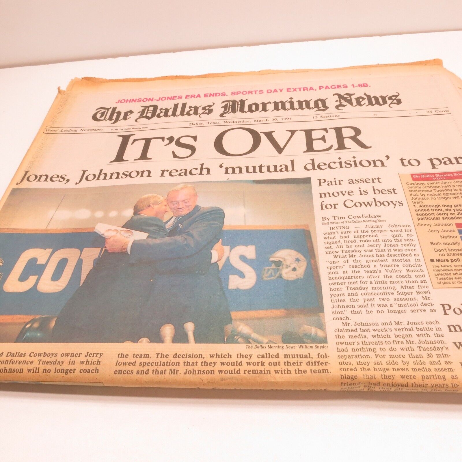 The Dallas Morning News March 30 1994 Jimmy Johnson Jerry Jones Dallas Cowboys