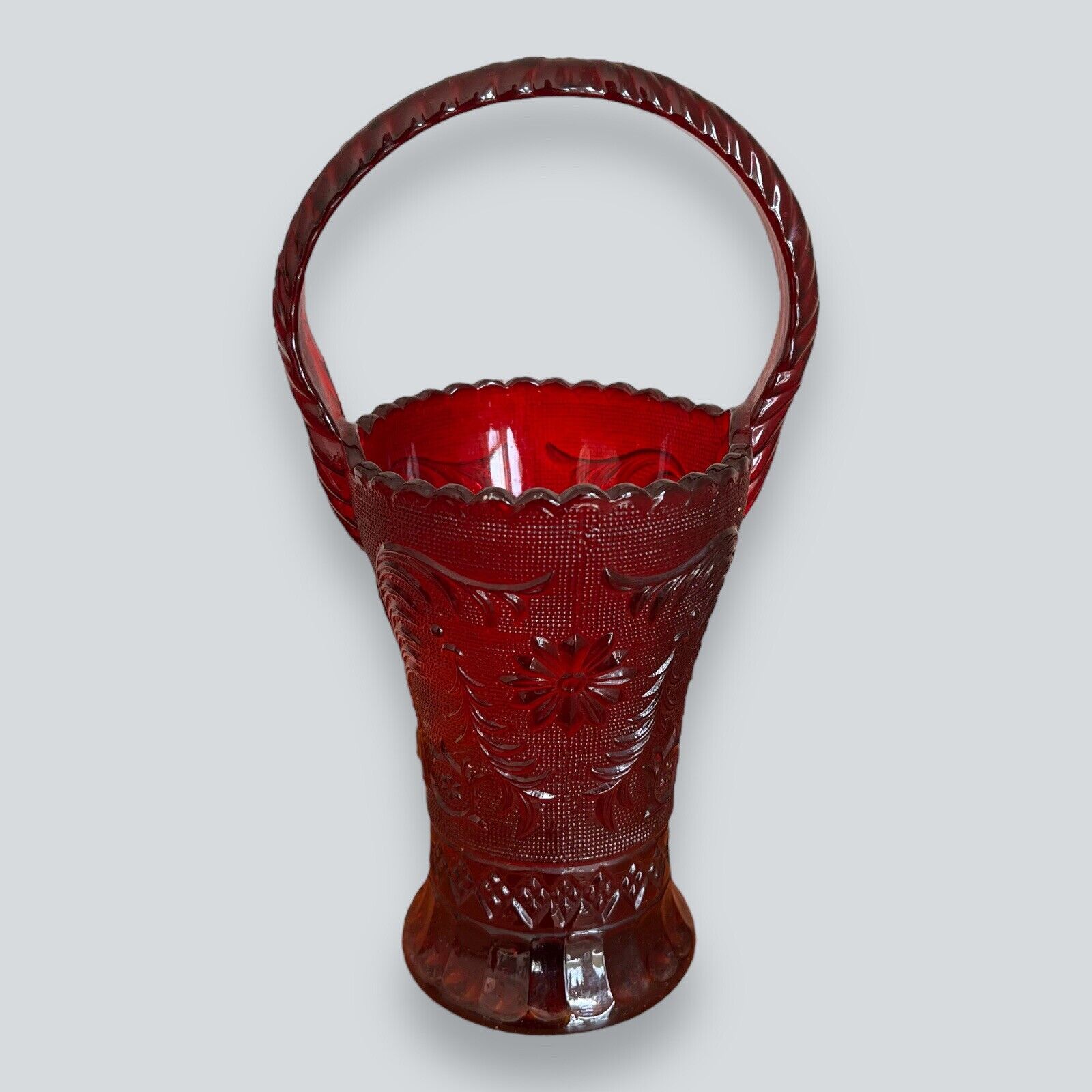 Vintage Tiara Red Indiana Glass Basket Vase With Handle 10” Beautiful