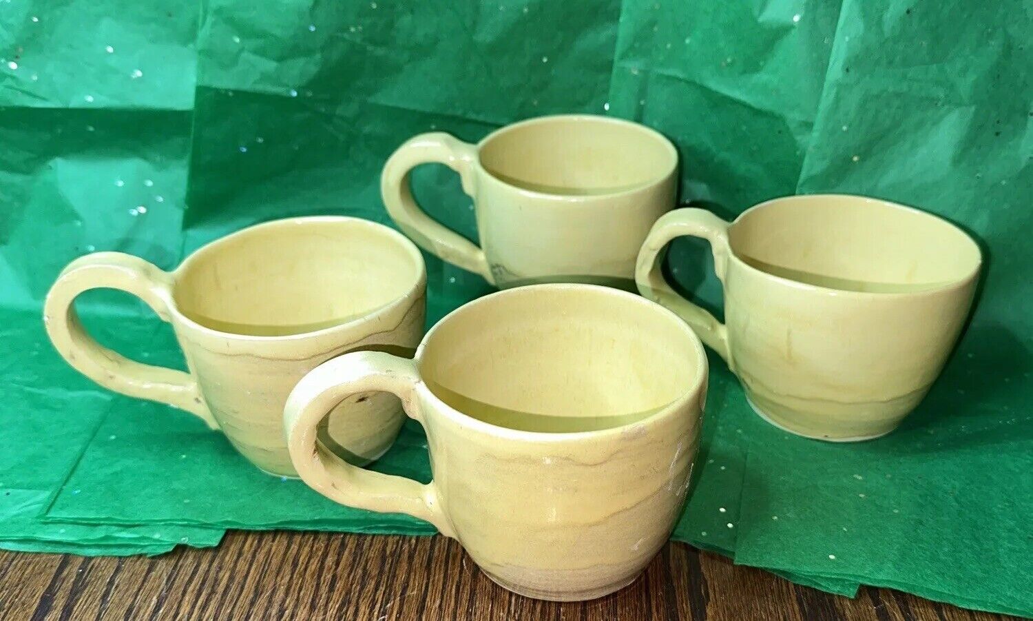 4x Hand thrown Yellow Glazed Tea/Coffee Cups Porcelain Stoneware Signed Handled