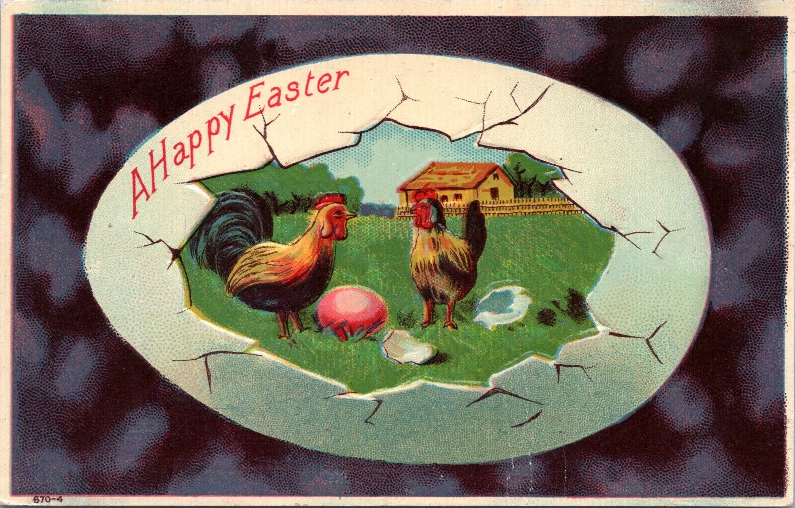 Gel Easter Postcard 1911 Hen Rooster Inside Giant Cracked Egg PU