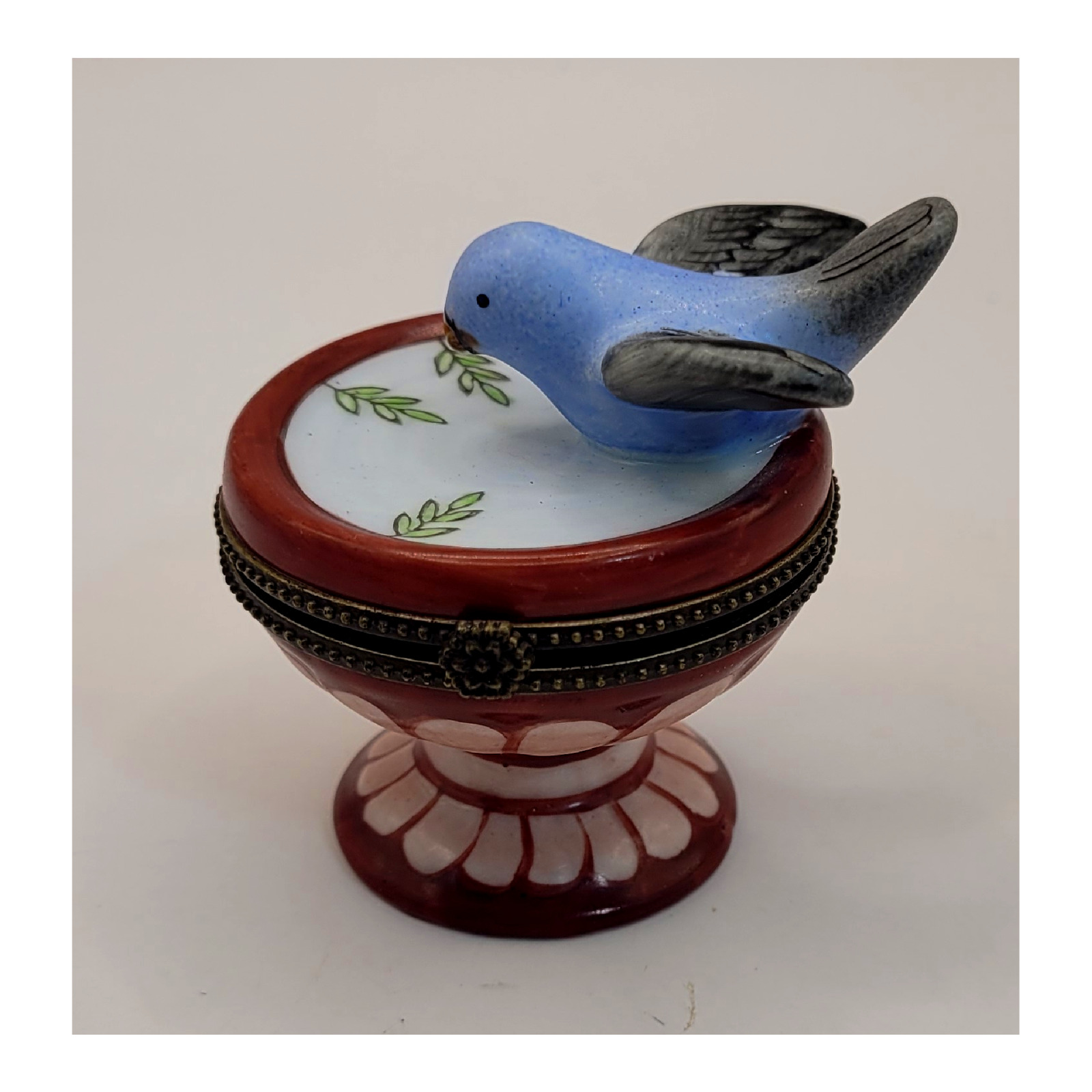 Blue Bird on Burgandy Birdbath Hinged Trinket Box