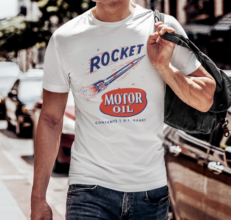 ON SALE: Cool Vintage ROCKET Oil Can Graphic Silk Screened T-Shirt