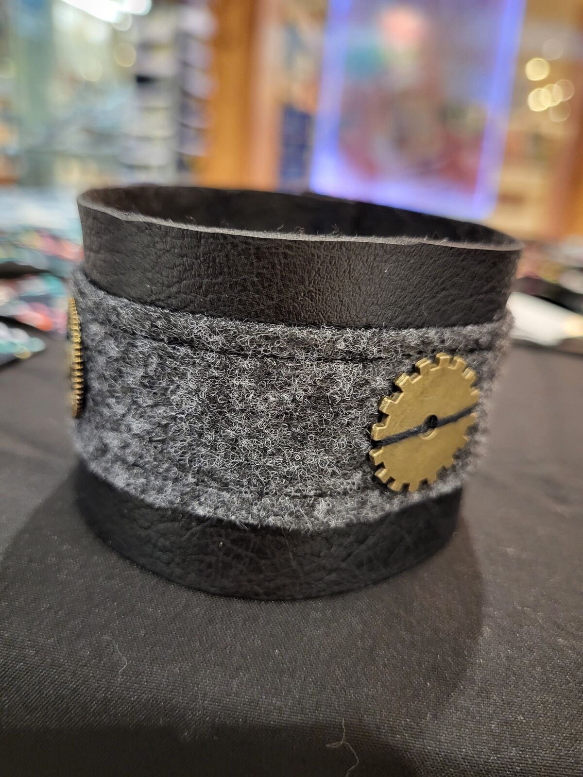 Handmade steampunk Faux leather and wool felt fabric cuff bracelet #3