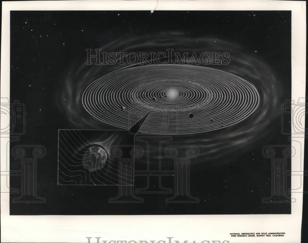 1971 Press Photo Drawing of Sun's spin through asteroids, moons and planets.