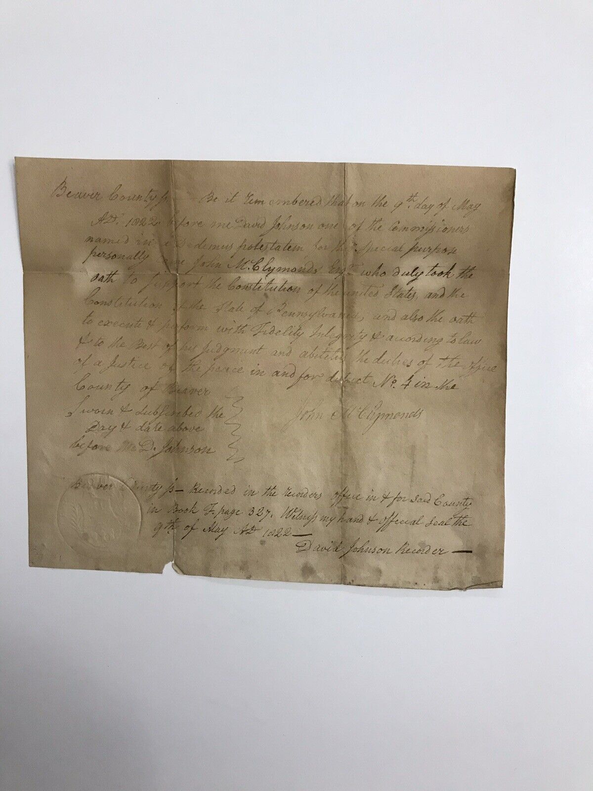 Antique Historical Oath Document For John McClymon  Esq Of Beaver County
