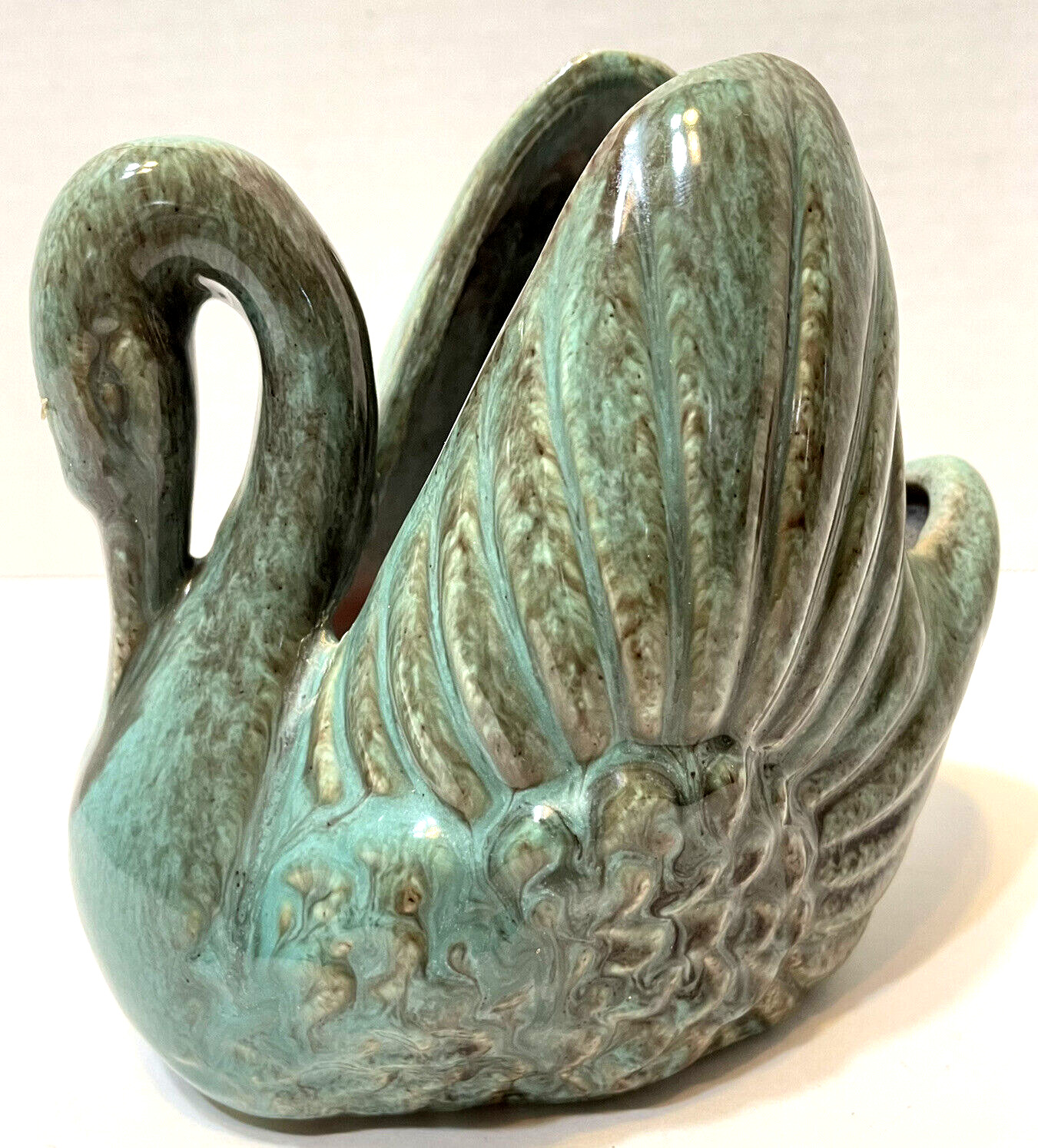 Vintage Gonder USA Pottery Swan Planter Vase E 44 Signed Teal Blue 5 x 5 inches