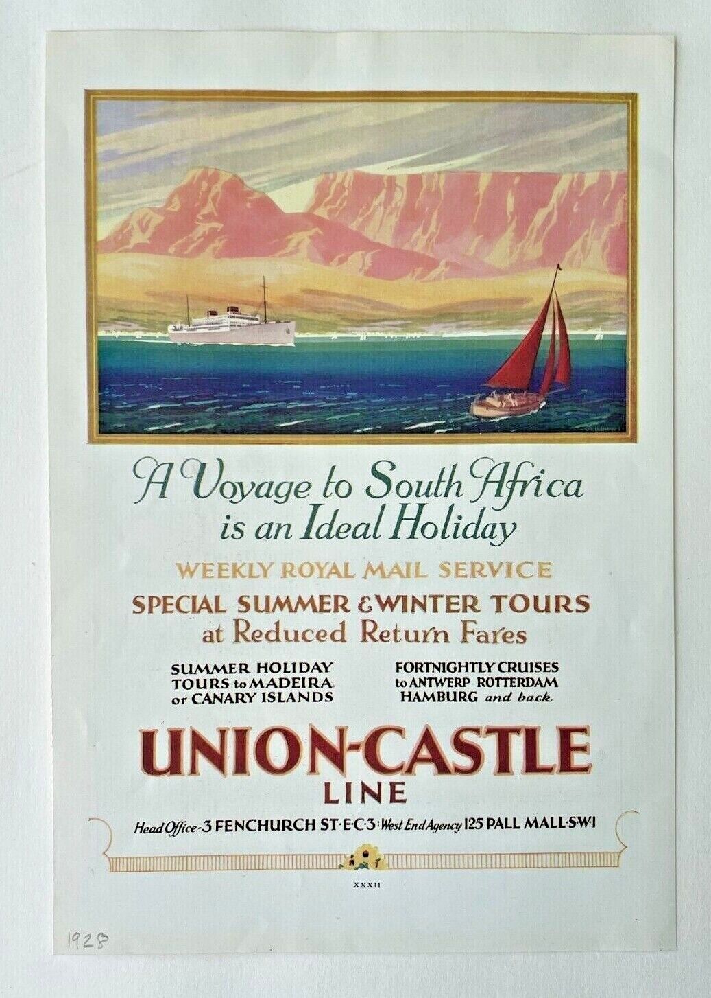 1928  Union-Castle Line  South Africa Tours Steamship Supplement Advertisement 