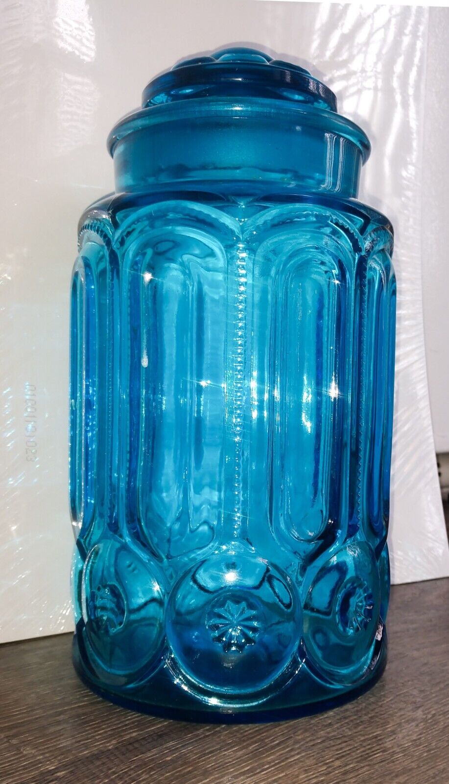Vtg  L.E. Smith Moon & Stars Blue Glass Large Canister ~ 11” Tall