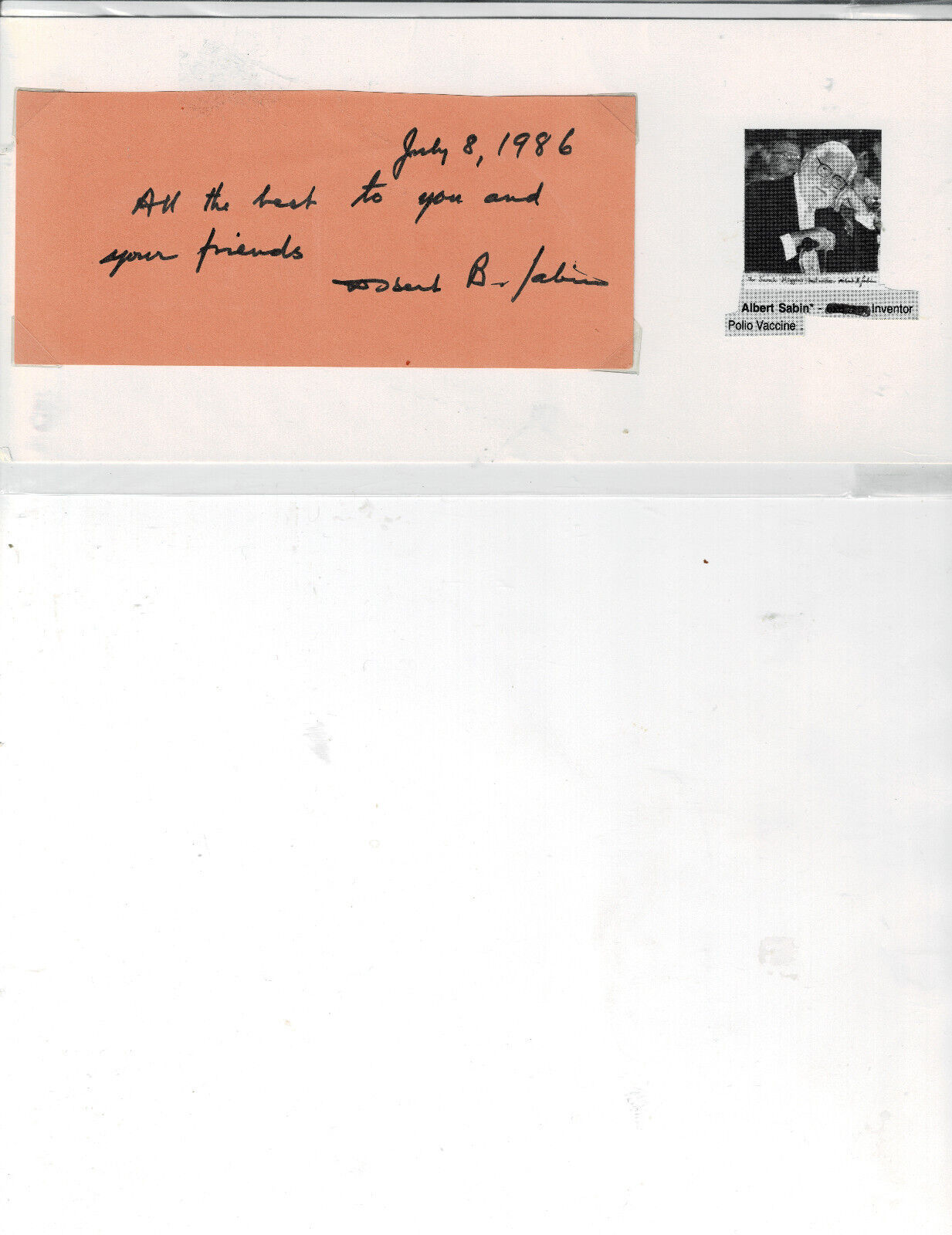 Albert Sabin signed autograph 2.5x5 on a cut card, Oral Polio Vaccine