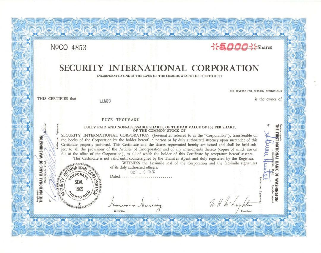 Security International Corp. - Stock Certificate - General Stocks