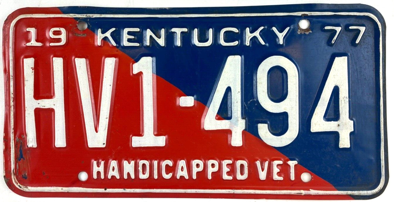 Kentucky 1977 Handicap Vet Auto License Plate Vintage Man Cave Collector Decor