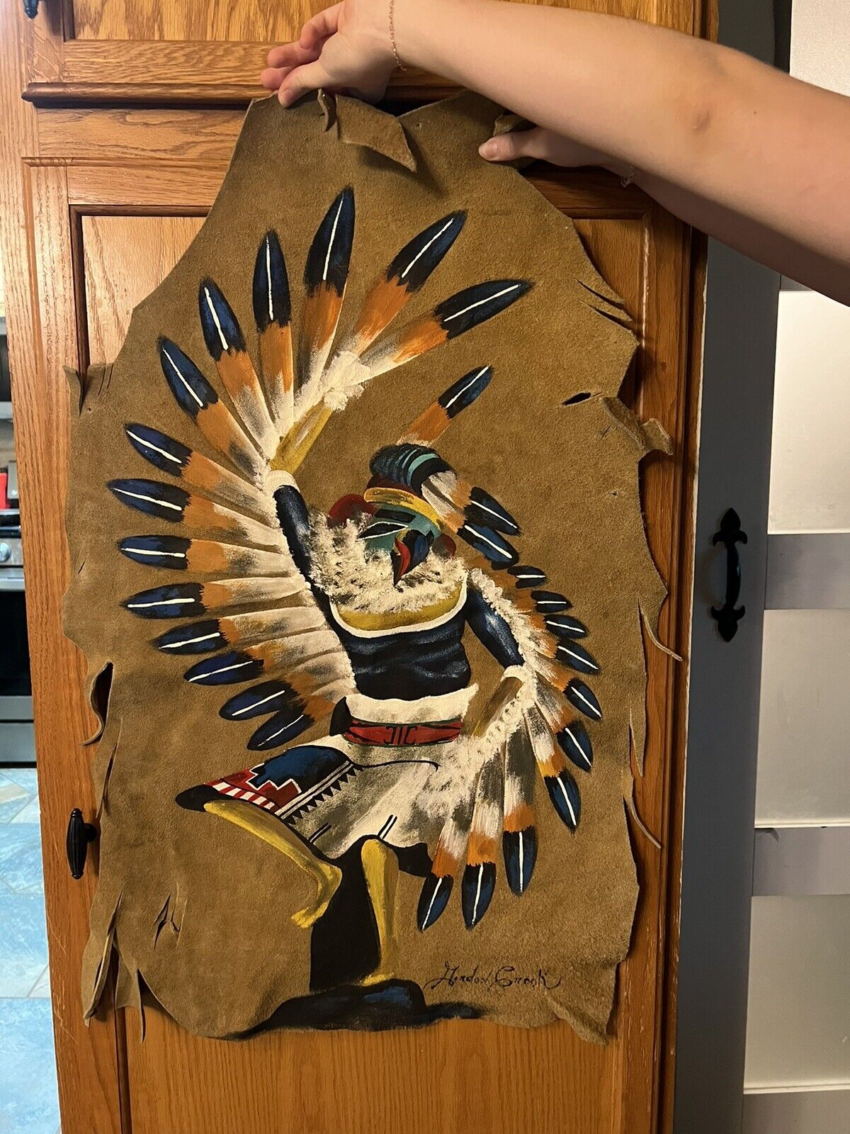 Vintage Native American Indian Painting on Leather Hide, Hand Painted Signed