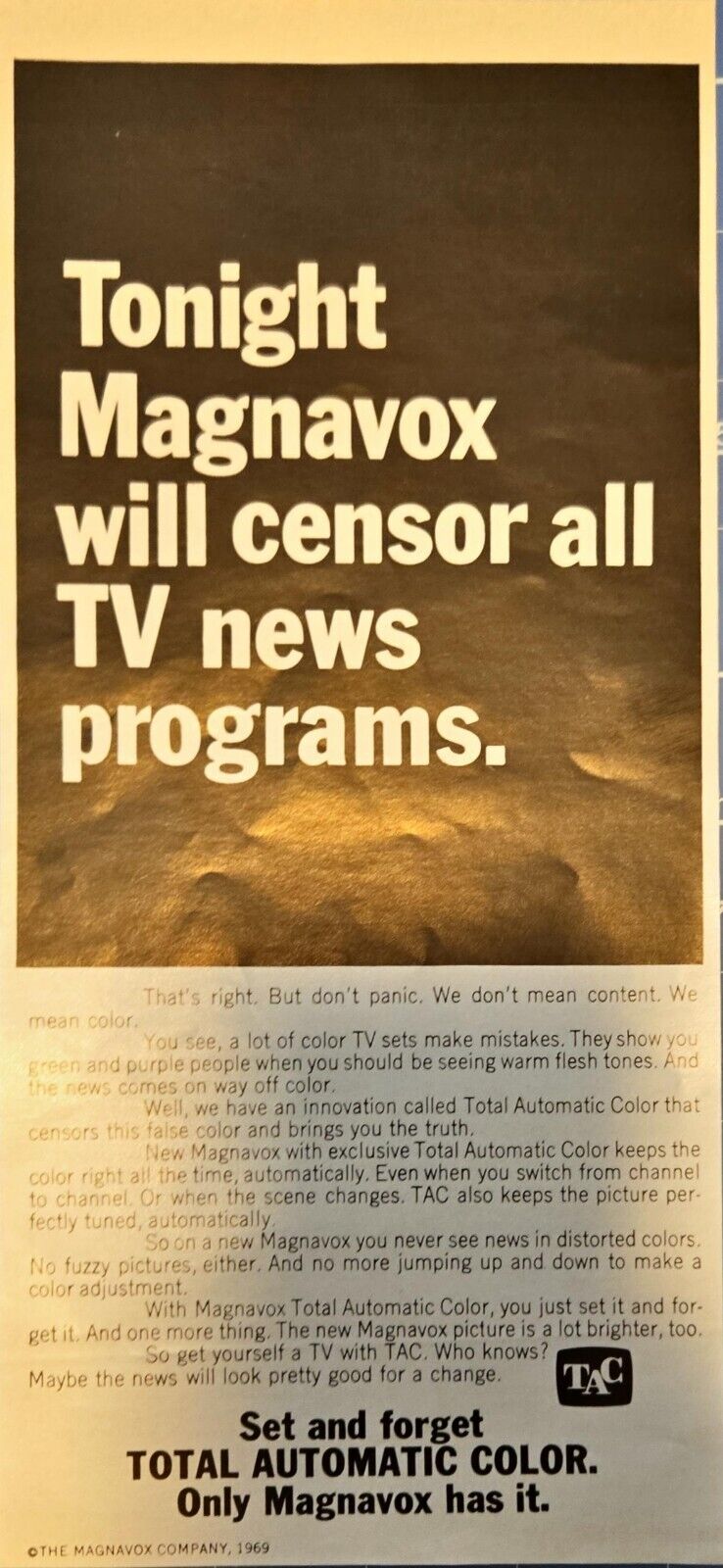 1969 Magnavox Television vintage print ad TOTAL AUTOMATIC COLOR 