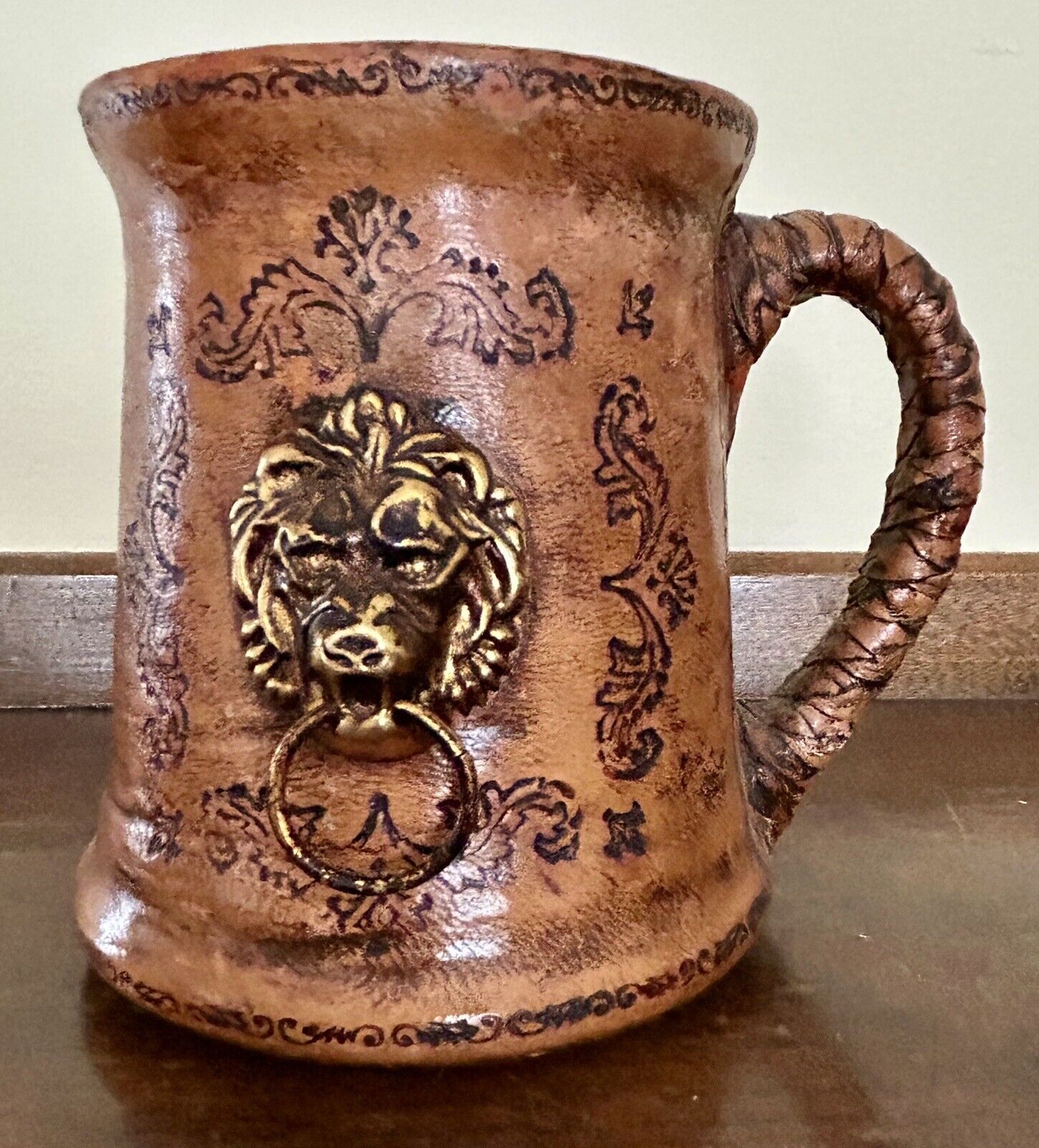 Glass Stein Mug Leather Wrapped w/Lions Head made in Italy 5” Tall 4.5” Wide