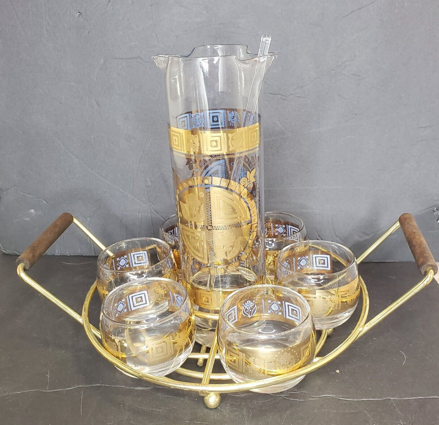 Vintage 1960s Culver Gold 9 Piece Roly Glass Pitcher Cocktail Drink Carrier Set